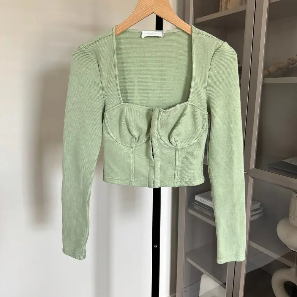 Jonathan Simkhai Bustier Top Mint Recycled Rib Knit Crop Long Sleeves Size M